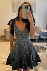 Sparkly White A Line Ruffled Short Beaded Homecoming Dress with Bows