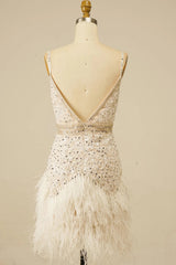 Sparkly White Lace Tight Short Floral Homecoming Dress with Feather