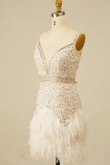 Sparkly White Lace Tight Short Floral Homecoming Dress with Feather