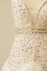 Sparkly White Lace Tight Short Floral Homecoming Dress with Feather