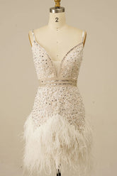 Sparkly White Lace Tight Short Floral Homecoming Dress with Feather