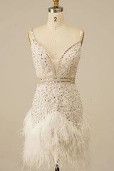 Sparkly White Lace Tight Short Floral Homecoming Dress with Feather