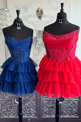 Sparkly Yellow A Line Strapless Beaded Short Corset Homecoming Dress with Ruffles