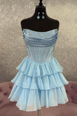 Sparkly Yellow A Line Strapless Beaded Short Corset Homecoming Dress with Ruffles