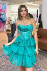 Sparkly Yellow A Line Strapless Beaded Short Corset Homecoming Dress with Ruffles