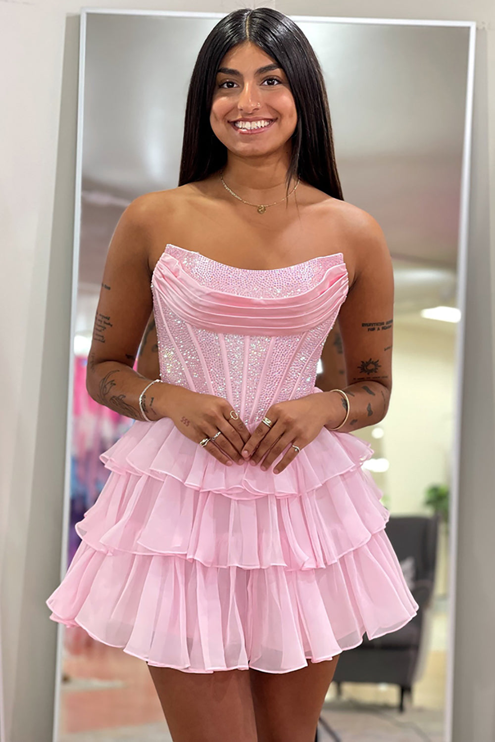 Sparkly Yellow A Line Strapless Beaded Short Corset Homecoming Dress with Ruffles