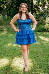 Sparkly Yellow A Line Strapless Beaded Short Corset Homecoming Dress with Ruffles