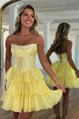 Sparkly Yellow A Line Strapless Beaded Short Corset Homecoming Dress with Ruffles
