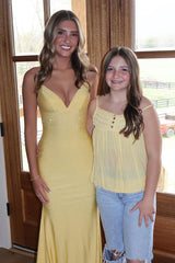 Yellow v-neck beaded mermaid prom dress