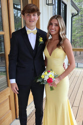 Yellow v-neck beaded mermaid prom dress