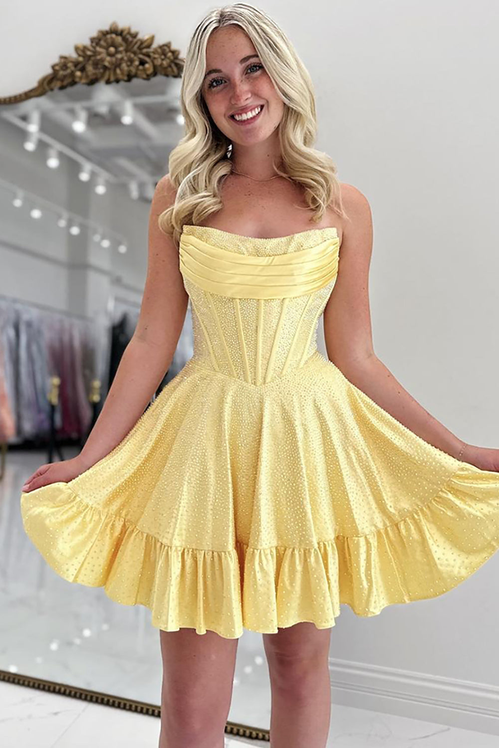 Sparkly Yellow Strapless Satin Beaded Short Corset Homecoming Dress