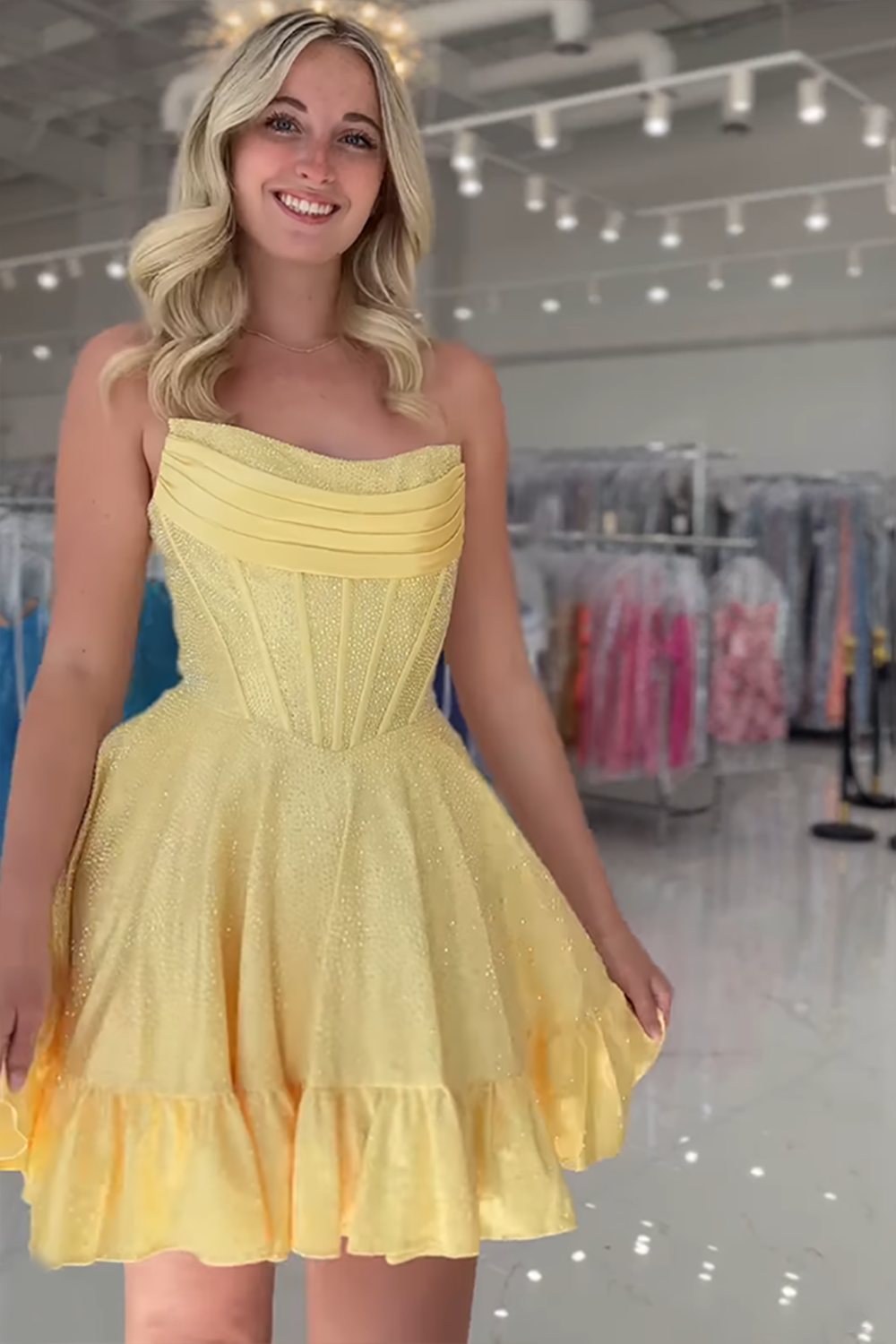 Sparkly Yellow Strapless Satin Beaded Short Corset Homecoming Dress