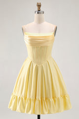 Sparkly Yellow Strapless Satin Beaded Short Corset Homecoming Dress