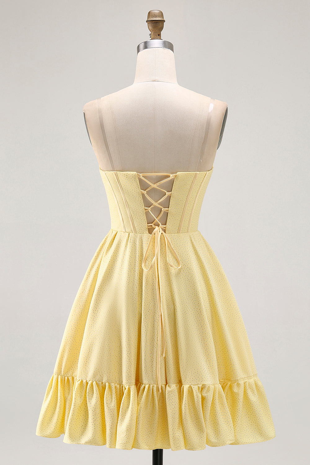 Sparkly Yellow Strapless Satin Beaded Short Corset Homecoming Dress