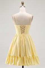 Sparkly Yellow Strapless Satin Beaded Short Corset Homecoming Dress