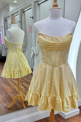 Sparkly Yellow Strapless Satin Beaded Short Corset Homecoming Dress