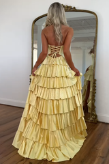 Yellow sweetheart beaded A-line prom dress