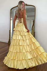 Yellow sweetheart beaded A-line prom dress