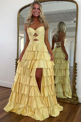 Yellow sweetheart beaded A-line prom dress