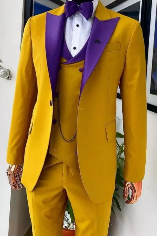 Special Gold Three-Piece Prom Suit With Purple Lapel Detail