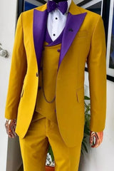 Special Gold Three-Piece Prom Suit With Purple Lapel Detail