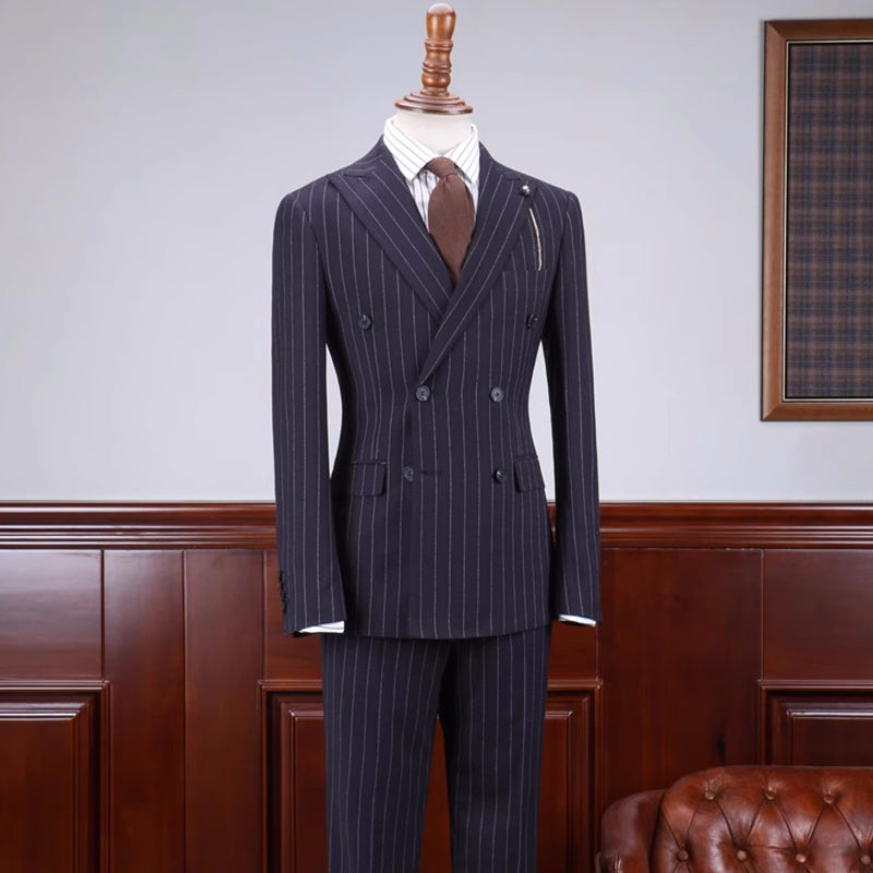 Special Navy Blue Striped Double-Breasted Peaked Lapel Business Suit