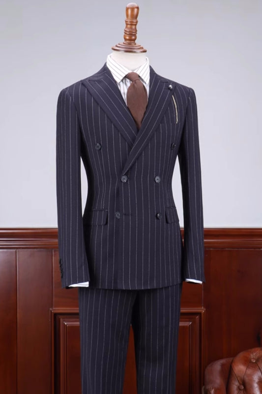 Special Navy Blue Striped Double-Breasted Peaked Lapel Business Suit