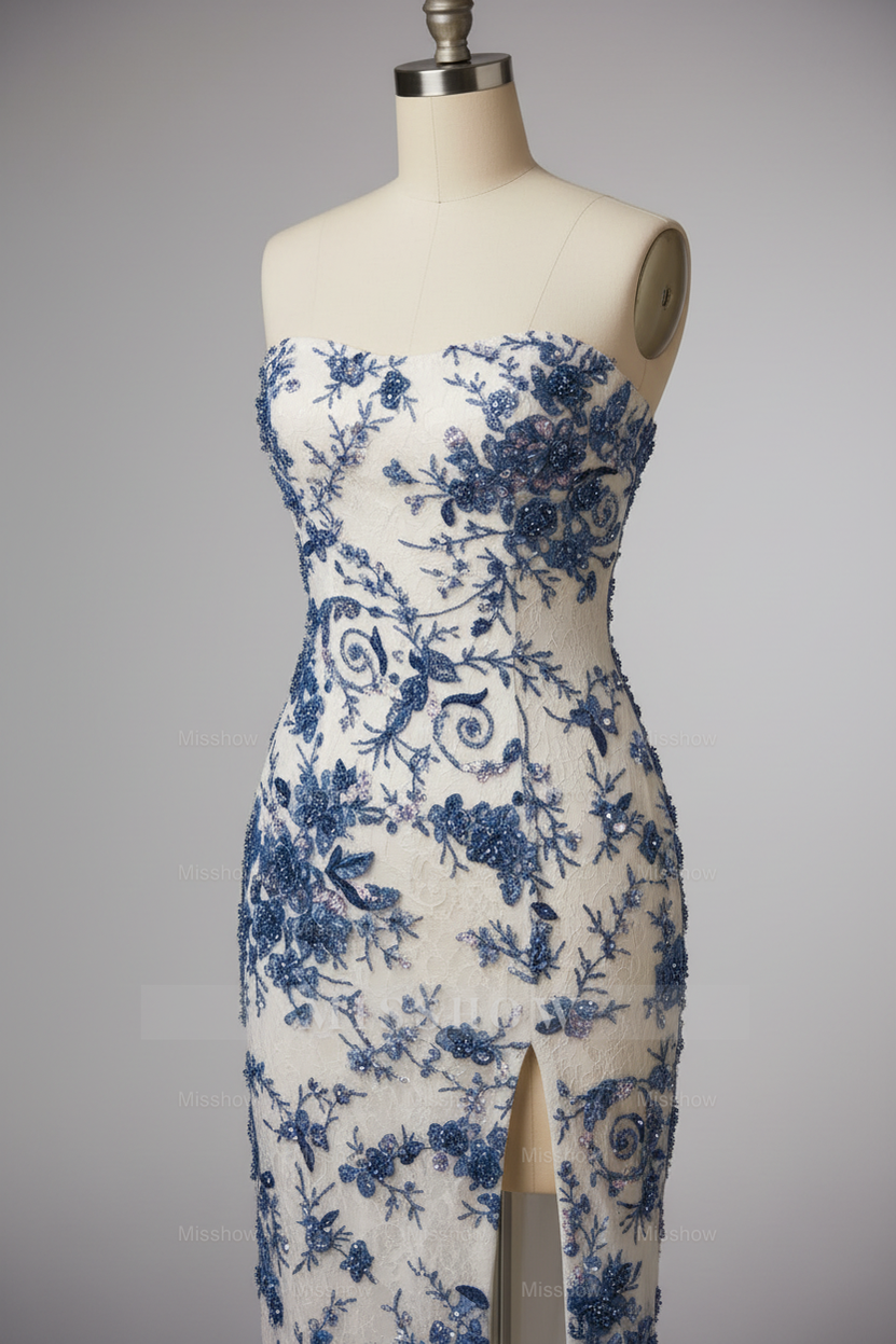 Speghetti Straps White Mermaid Prom Dress with Blue Floral Lace and Strappy Back