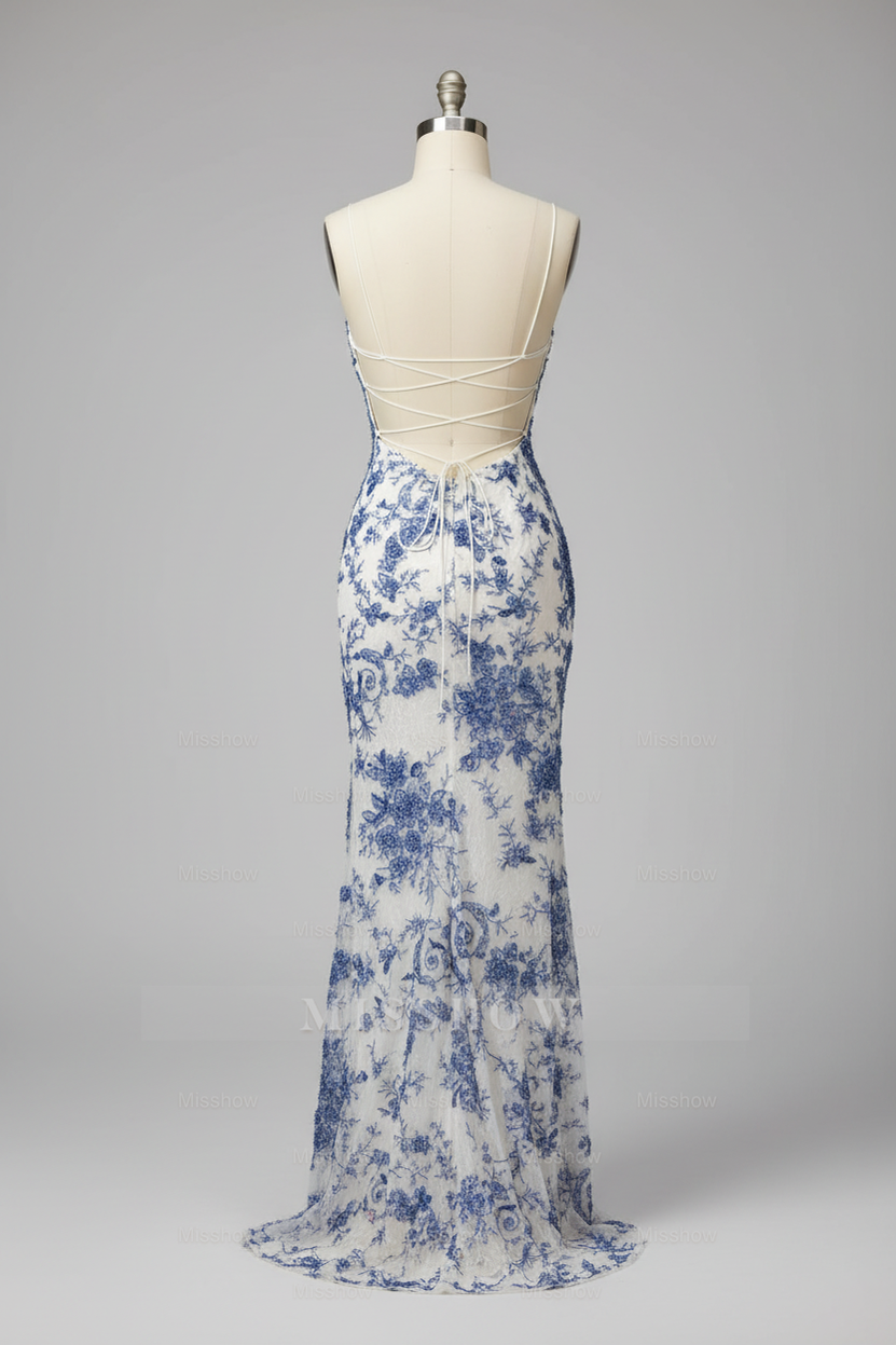 Speghetti Straps White Mermaid Prom Dress with Blue Floral Lace and Strappy Back