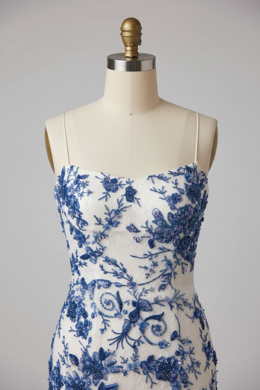 Speghetti Straps White Mermaid Prom Dress with Blue Floral Lace and Strappy Back