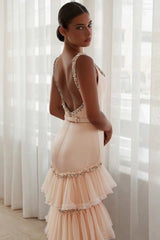 Square Neck Crystal Jewel Trim Wide Strap Satin Bodice Multi-Tier Pleated Crystal Trim Tulle Mermaid Evening Dress Chapel Train