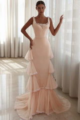 Square Neck Crystal Jewel Trim Wide Strap Satin Bodice Multi-Tier Pleated Crystal Trim Tulle Mermaid Evening Dress Chapel Train