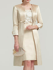 Square Neck Knee-Length Satin Lace Sheath Dress with Short Sleeves and Pleated Appliques for the Mother of the Bride