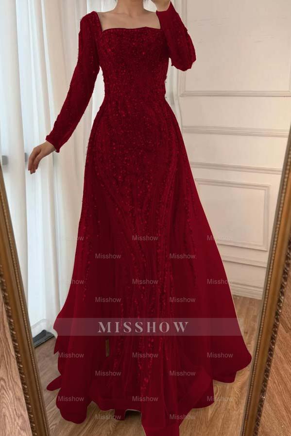 Square Neck Long Sleeves Long Mermaid Formal Dress With Beading Tulle