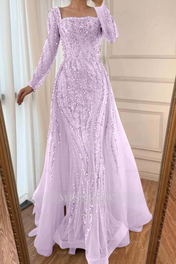 Square Neck Long Sleeves Long Mermaid Formal Dress With Beading Tulle