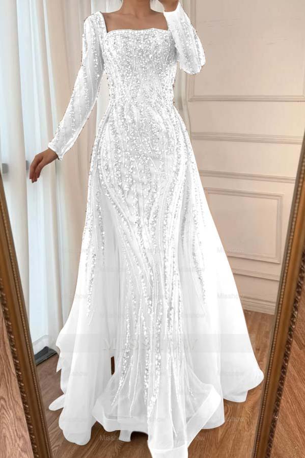 Square Neck Long Sleeves Long Mermaid Formal Dress With Beading Tulle
