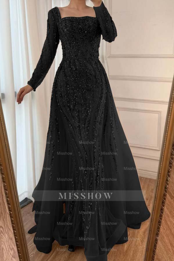 Square Neck Long Sleeves Long Mermaid Formal Dress With Beading Tulle