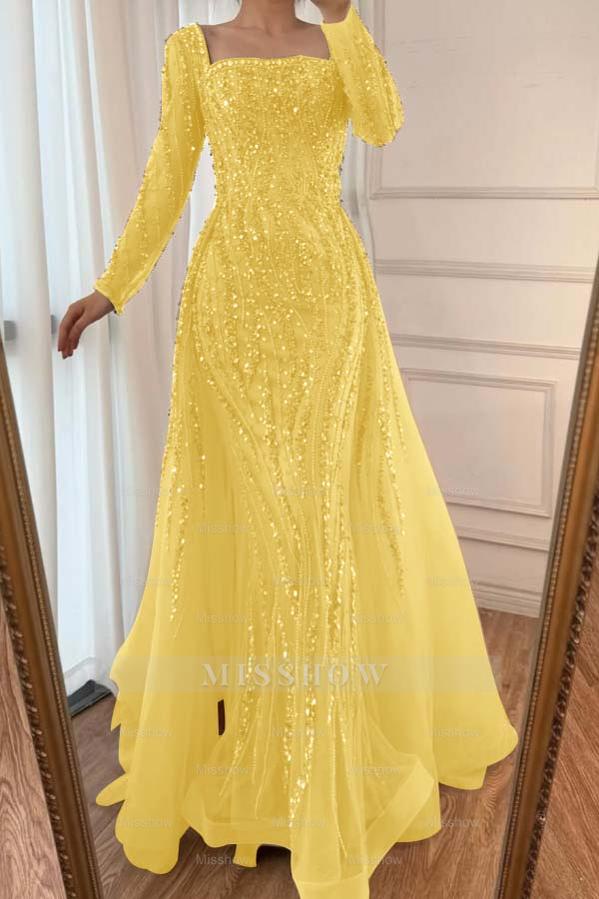 Square Neck Long Sleeves Long Mermaid Formal Dress With Beading Tulle