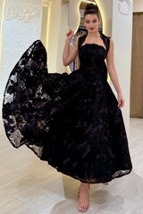 Square Neck Sleeveless Lace Applique Corset A-Line Tea Length Party Dress with Scallop Hem