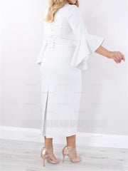Square Neck Tea-Length Sheath/Column Mother of the Bride Dress with 3/4 Sleeves and Ruffles