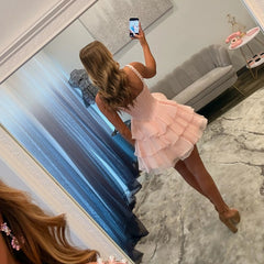 Square Neck Thick Strap Rhinestone Trim Boned Corset Three-Tier Chiffon Ruffle A-Line Homecoming Dress Mini