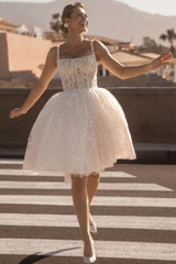 Square Neck Wide Strap Visible Boning Illusion Corset All-Over 3D Floral Sequin Embroidery Ultra-Full Ballet Mini Skirt Short Wedding Dress