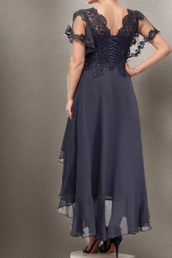 Stormy Chiffon Mother of the Bride Dress V-Neck Scallop Lace Flutter Sleeves Beaded Lace Corset Bodice Corset Back Multi-Layer Hi-Low Ruffle Chiffon Skirt Tea Length