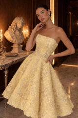 Strapless 3D Floral Applique Beaded Lace Boned Corset A-Line Tea Length Party Dress