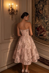 Strapless 3D Floral Applique Sequin Lace Boned Corset A-Line Tea Length Cocktail Dress