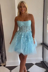 Strapless All-Over Lace Applique Structured Boned Corset Flared Tulle A-Line Short Homecoming Dress
