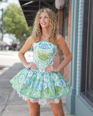 Strapless Bohemian Floral Print Boned Corset Lace Trim Puff Bubble A-Line Homecoming Dress Mini