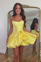 Yellow strapless applique A-line homecoming dress