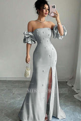 Strapless Bubble Sleeves Long Split Formal Dress With Beading