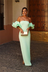 Strapless Bubble Sleeves Mermaid Long Formal Dress With Pleated